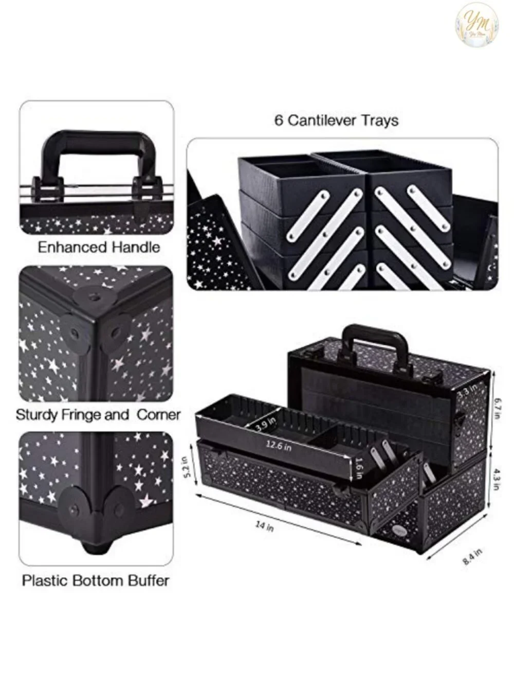 Large Train Case Makeup Organizer with 6 Adjustable Trays, Aluminum Frame, Lock